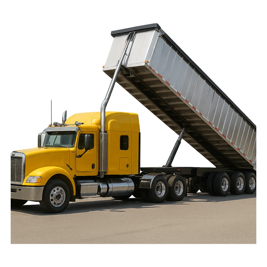 ultra-realistic yellow semi sleeper truck and silver end dump trailer, trailer tilted up as if dumping, clear reflections and shadows sticker