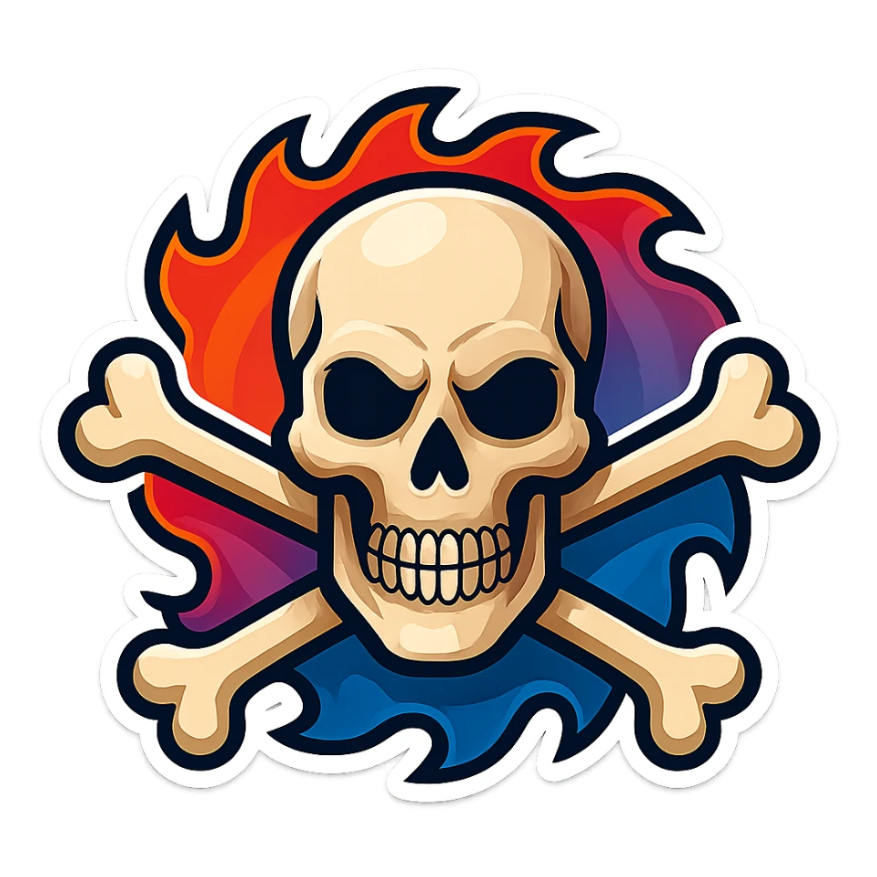 Reimagine the subject in a bold, high-contrast, graphic retro sticker style. Preserve the skull, crossed bones, and saw blade elements, but simplify and stylize them for a clean sticker look. Ensure the subject is fully inside the image borders. sticker