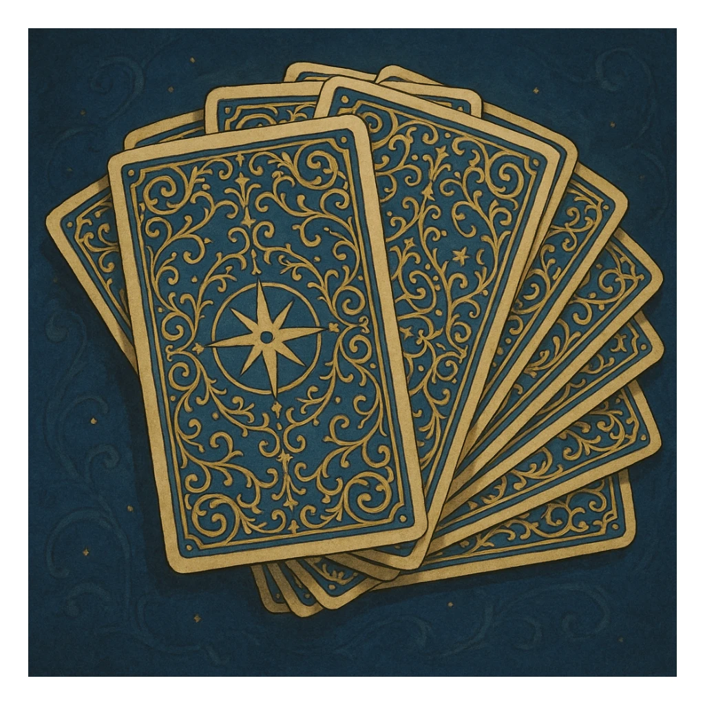 tarot card deck with ornate, intricate backs, gold and deep blue color palette, cards fanned out, mystical and elegant sticker