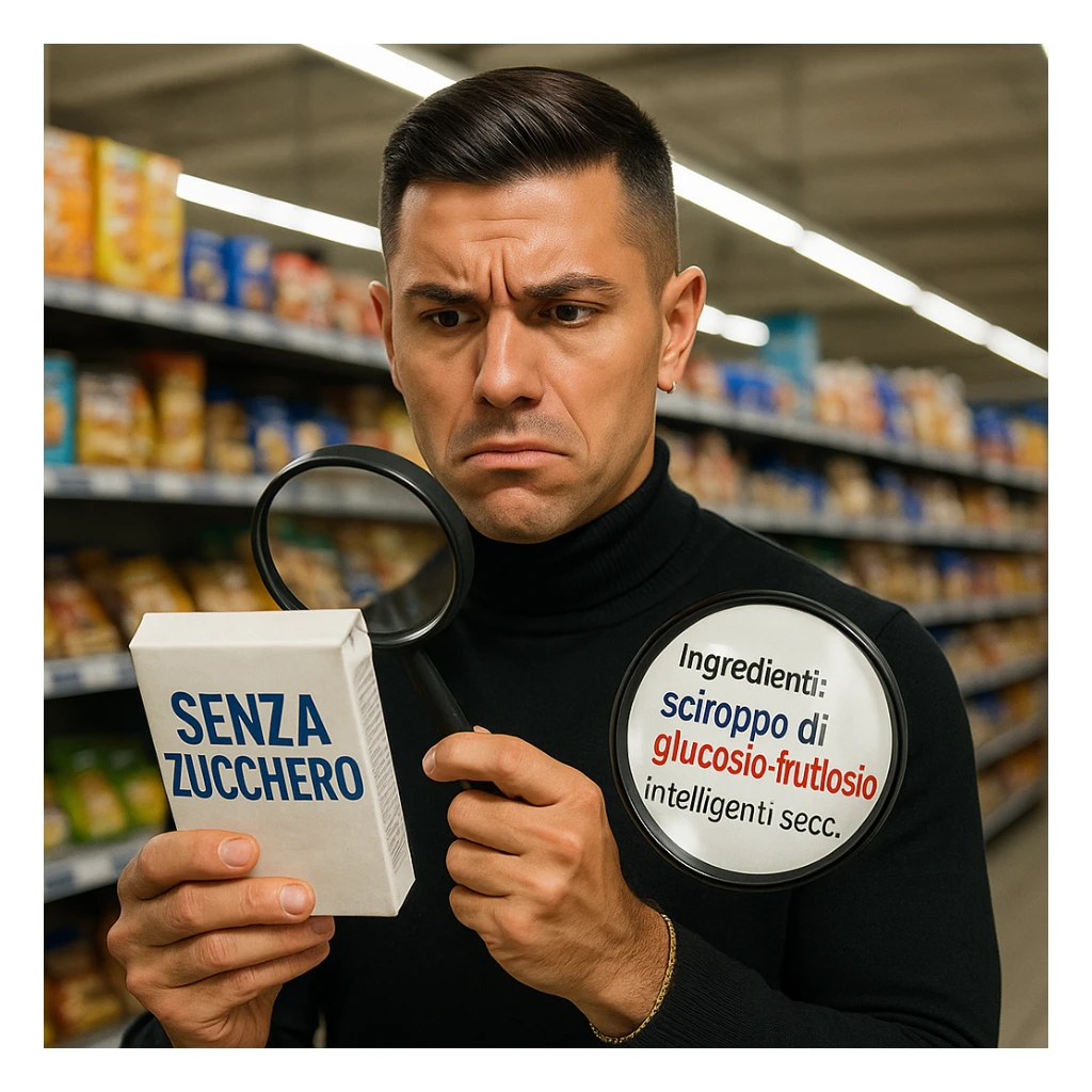 Supermarket, man like the reference, holding 'SENZA ZUCCHERO' product, ingredient list shows 'sciroppo di glucosio-fruttosio' in bold red, confused, floating magnifying glass, hyper-realistic, harsh fluorescent light. Variant 8. sticker