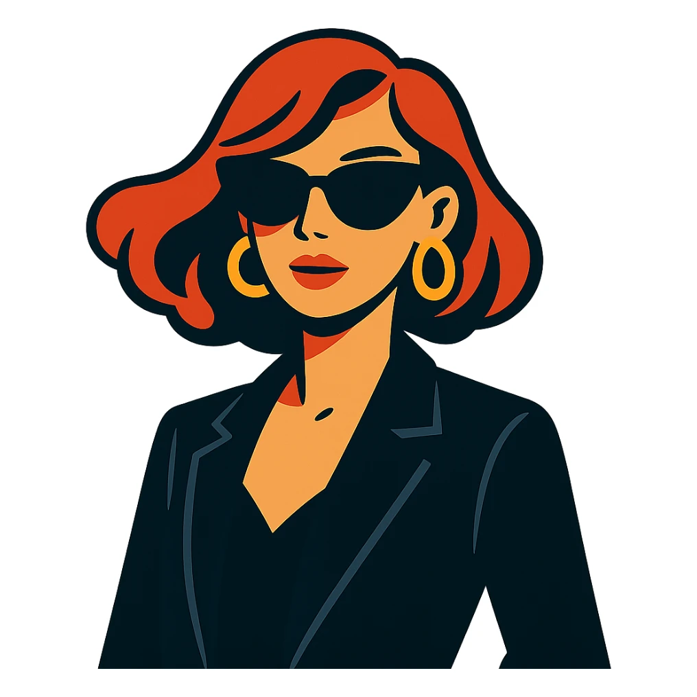 a chic lady in black sunglasses, modern and fashionable, minimal background, vibrant toon style sticker
