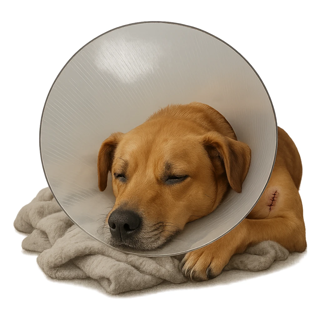 dog wearing a medical cone (Elizabethan collar), with a small stitched area, resting on a blanket, post-surgery vibe sticker
