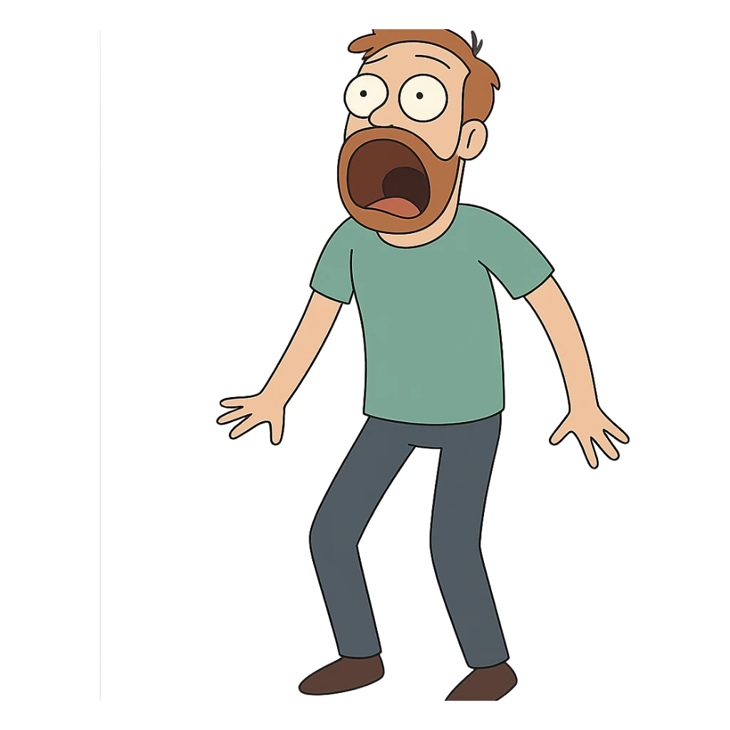 Create a full body surprised man with his mouth wide open in the same cartoon style as the reference image, maintaining a transparent background. sticker