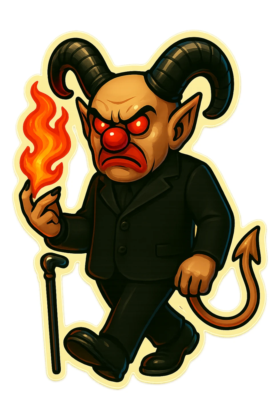 Render an evil clown wizard in retro sticker style, transparent background, walking with a cane, wearing an all black suit, no pentagrams. Use the reference images for face, horns, and tail. sticker
