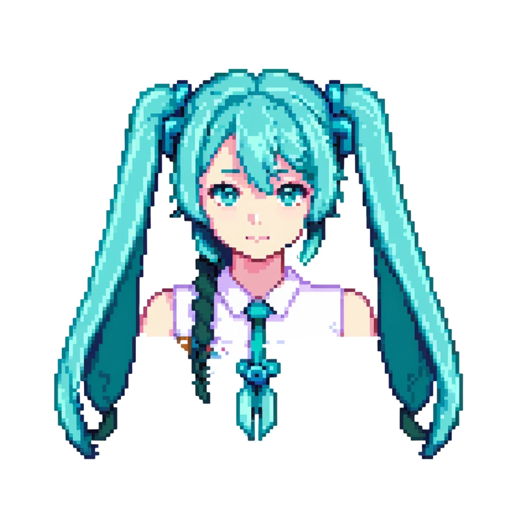 Hatsune Miku with teal twin-tails, anime character in pixel art style sticker