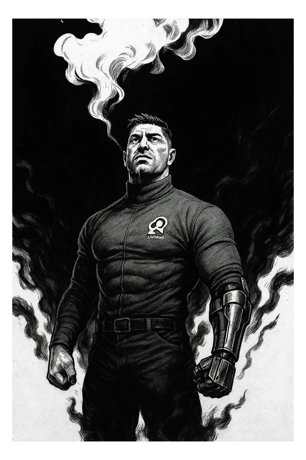 Black and white comic book panel of an extremely muscular Italian man with cybernetic implants standing in the dark, surrounded by smoke. He is wearing a long-sleeved shirt with a high collar, and his chest is sculpted. sticker