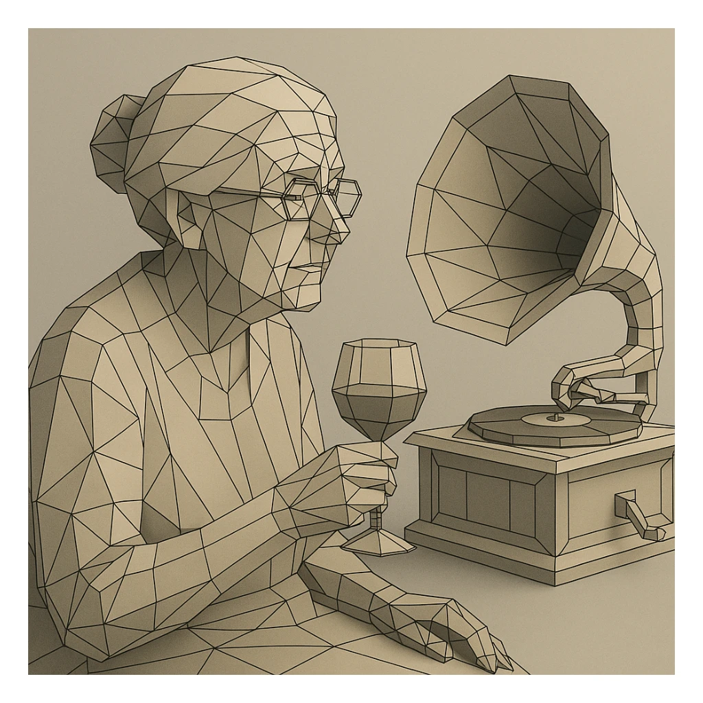 old lady with wineglass listening to gramophone sticker