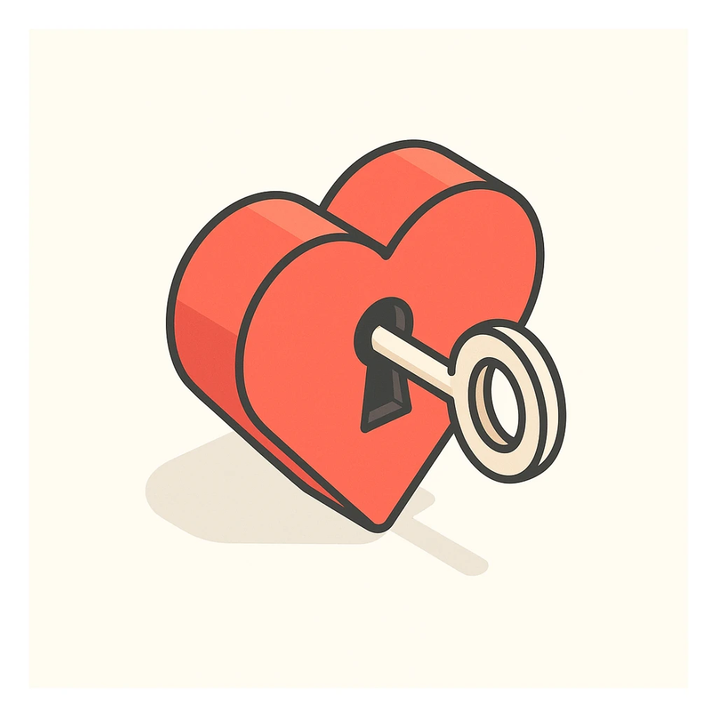 heart with a key, symbolizing self-opening and trust, 2D isometric style, simple shape, clear shadows and highlights sticker
