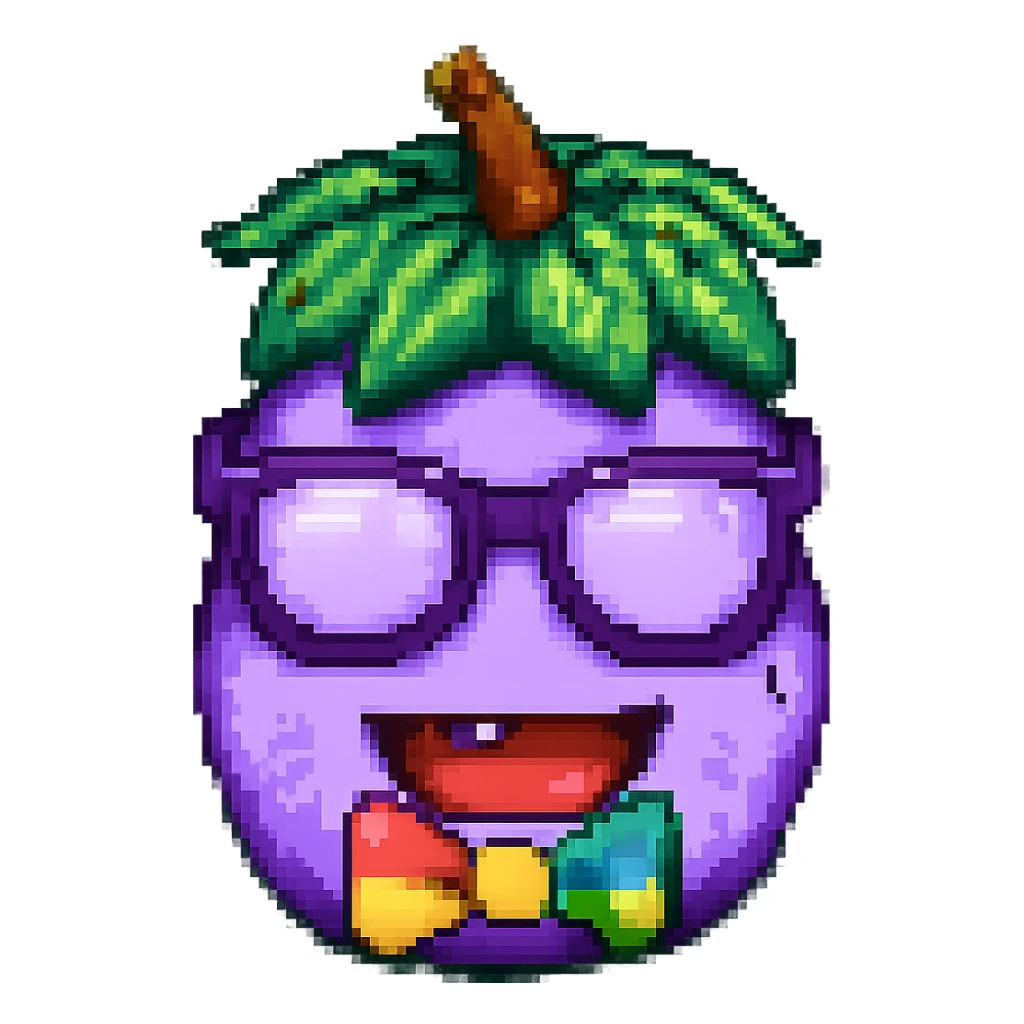 Add a colorful bow tie to the eggplant with nerdy glasses and goofy teeth, keep the background transparent. Maintain the original style and transparent background. sticker