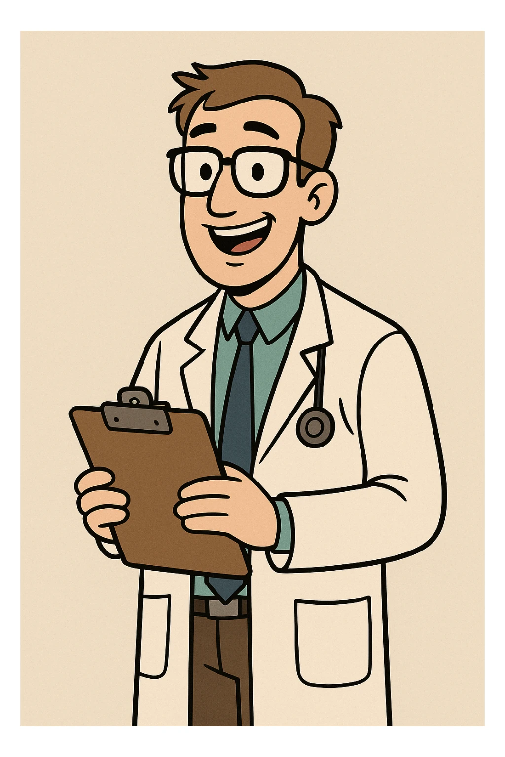 doctor, cartoon style, holding clipboard, smiling sticker
