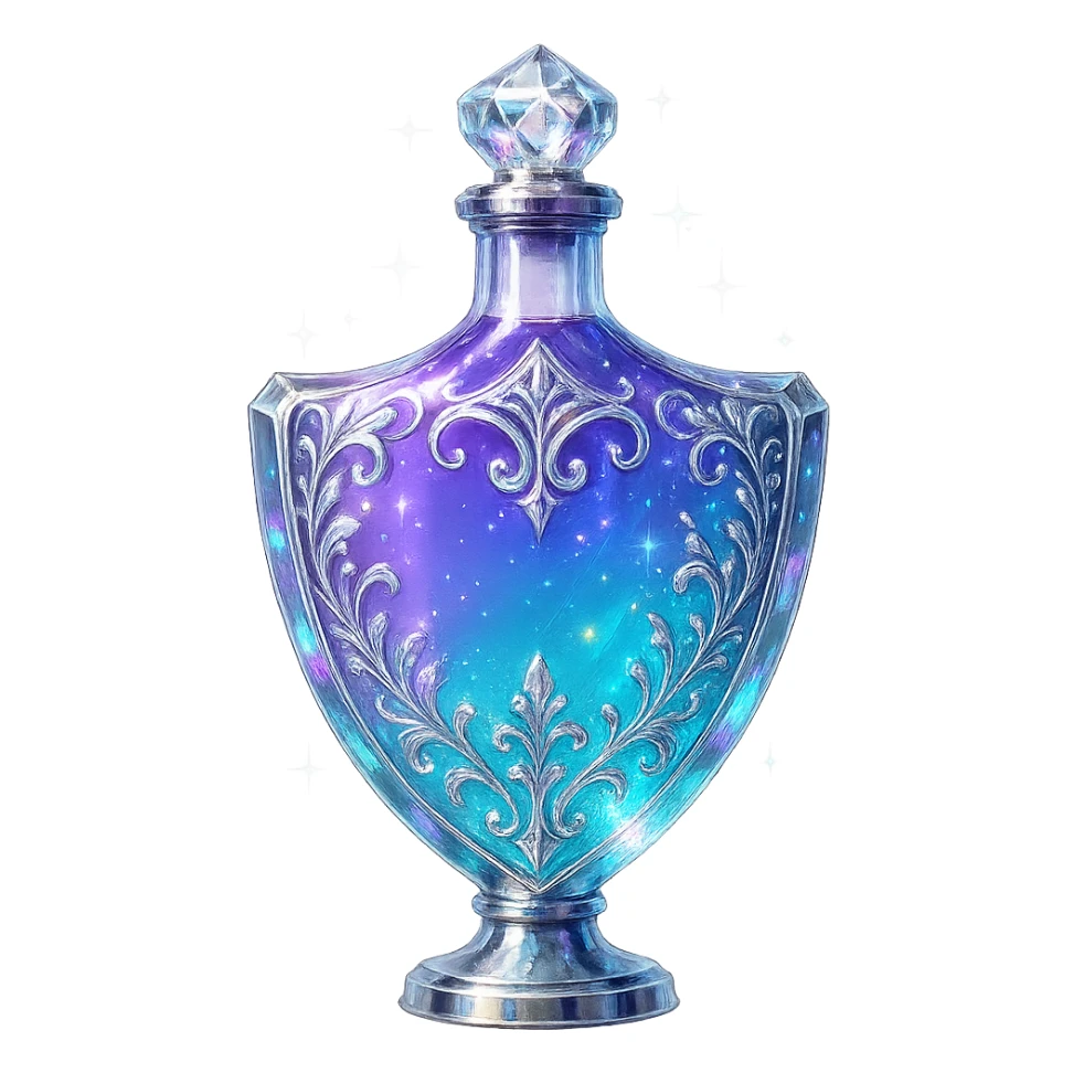 modernus prabangus eliksyro buteliukas, skydo forma, elegantiška spalvų perėjimo gama, išraiškingi holografiniai ir sidabriniai filigranai, kristalo švytėjimas, žėrintys magiški efektai, šviesos lūžiai, labai mažas kaklelis, ornamentuotas vientisas dugnas, skaidrus fonas, be šešėlio, plūduriuoja ore, kolekcijos stilius, maksimaliai gražus sticker