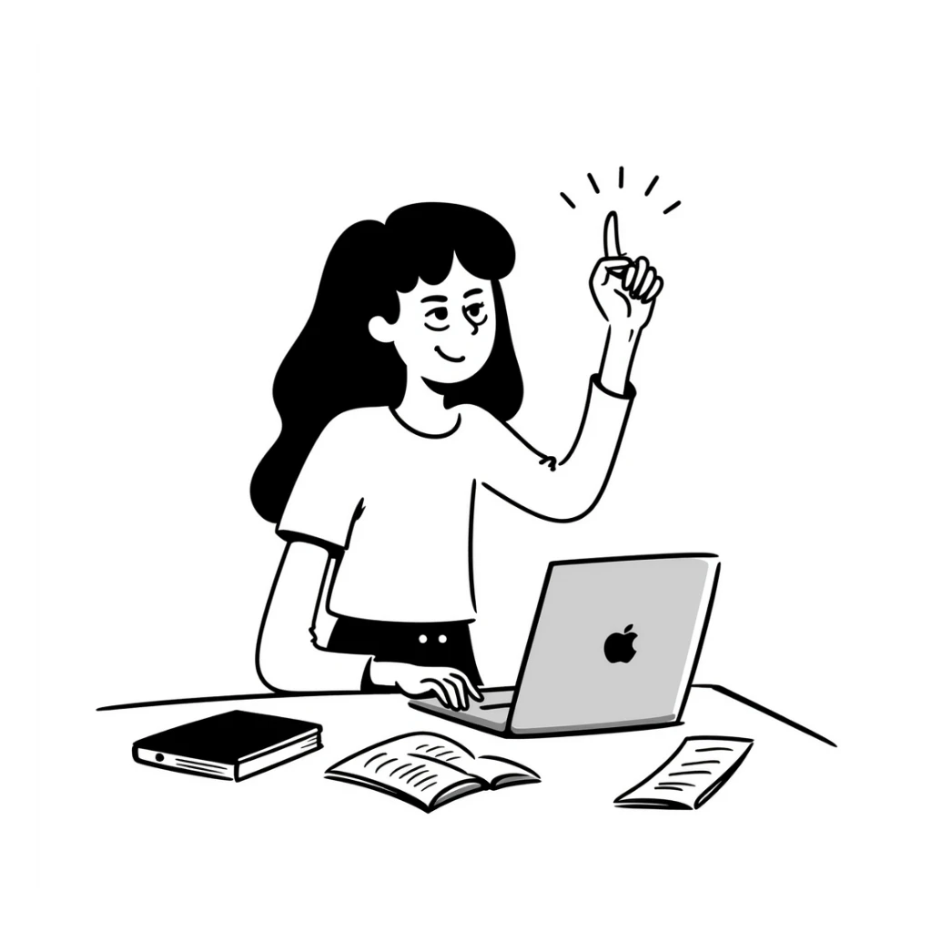 A smiling musician sitting at a desk with a laptop, raising hand during class sticker