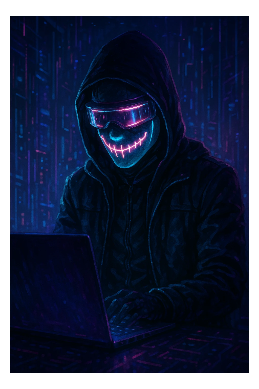 a hacker wearing a mask, digital or cyberpunk style sticker