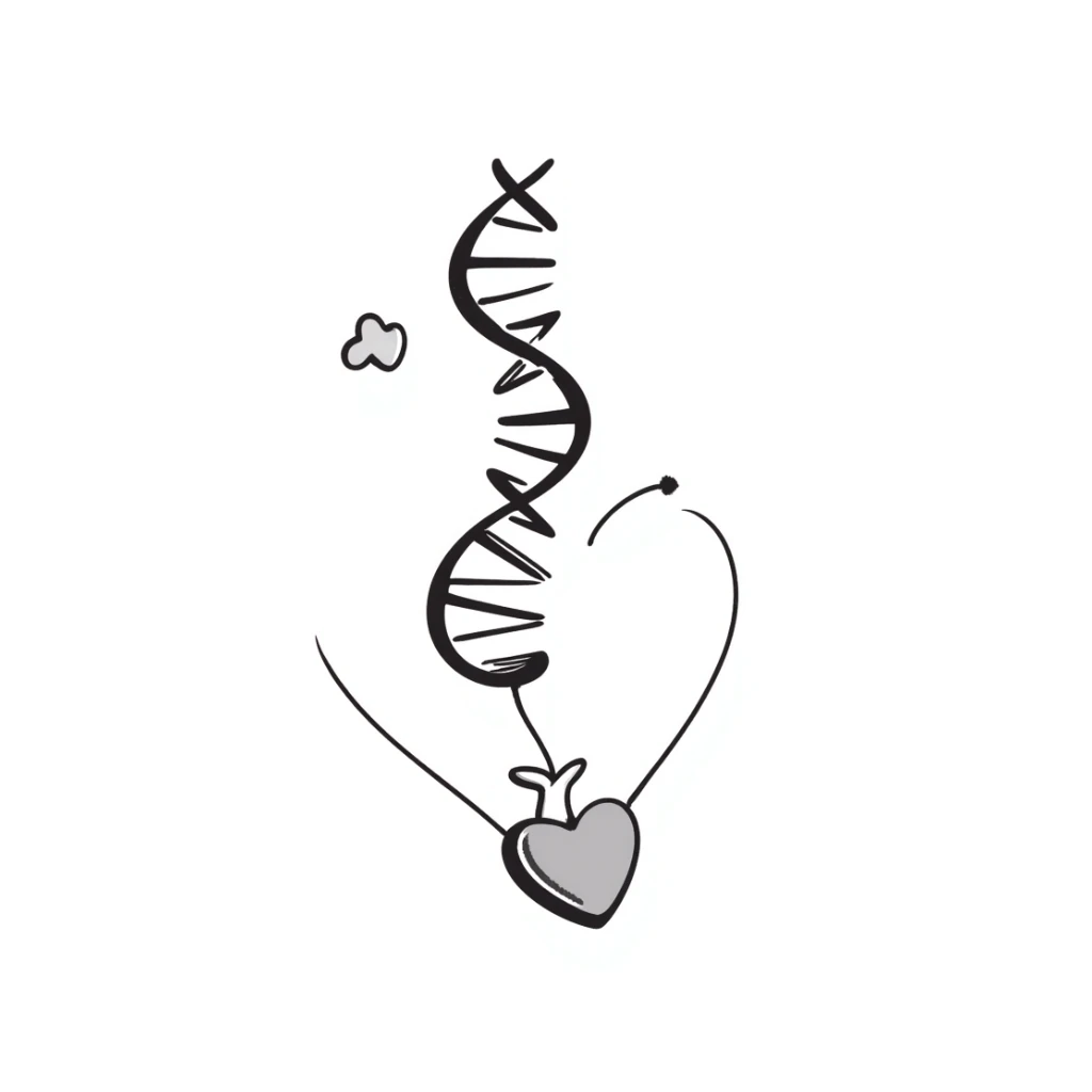 Hand-drawn DNA strand with heart element, representing sexual health testing and care sticker