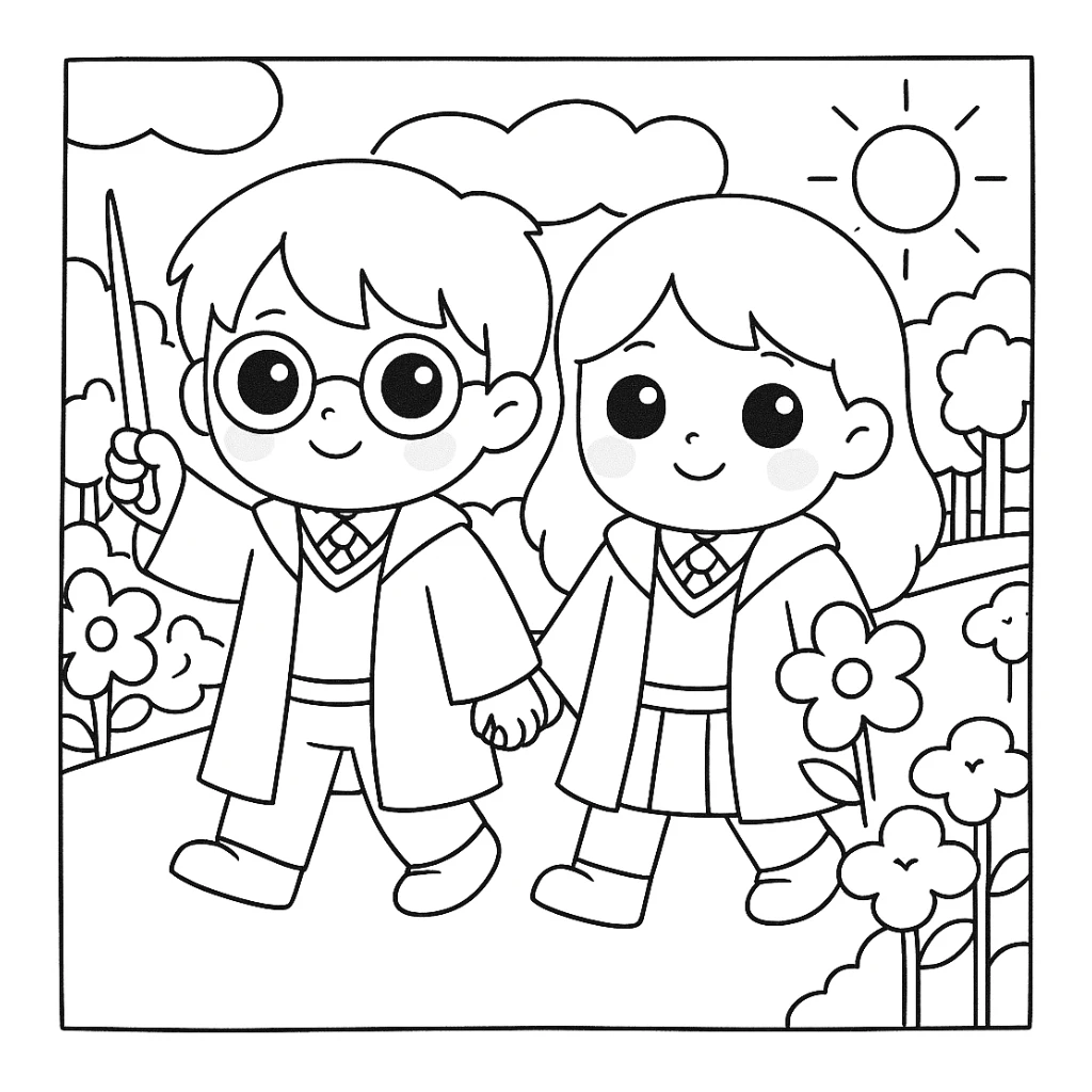 Make Harry Potter and Gina Weasley even cuter with bigger eyes, sweeter expressions, rosy cheeks, and delicate details, while maintaining the same simple line art style and the original background scene. sticker