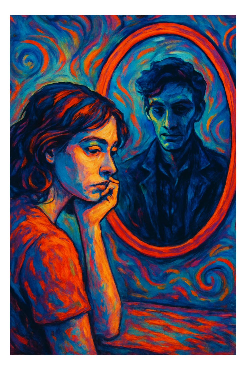 A woman looking into a mirror, with a man visible on the other side, in a distinct visual style sticker