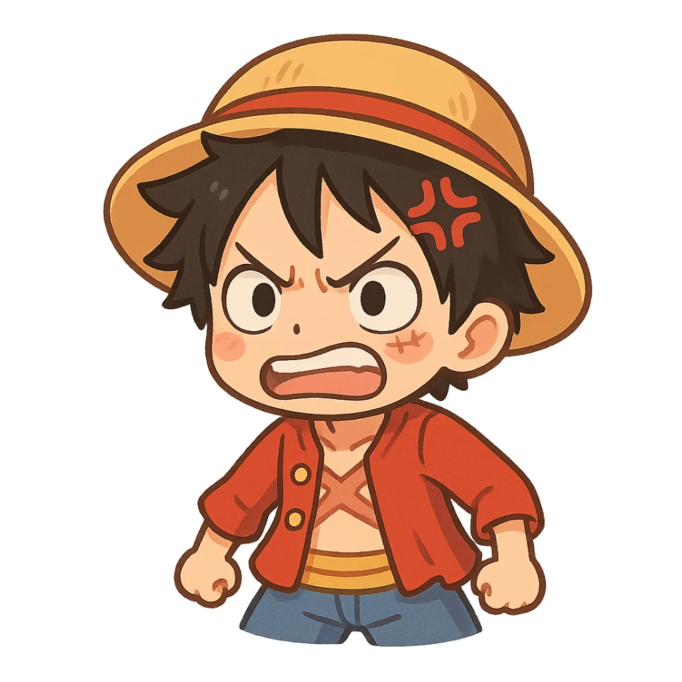 Luffy from One Piece, angry, cartoon chibi style sticker