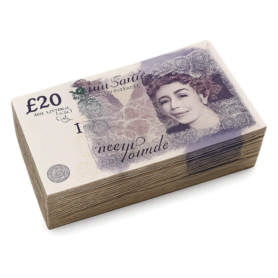 a stack of British pound banknotes viewed from the top, showing the bills' details and colors sticker