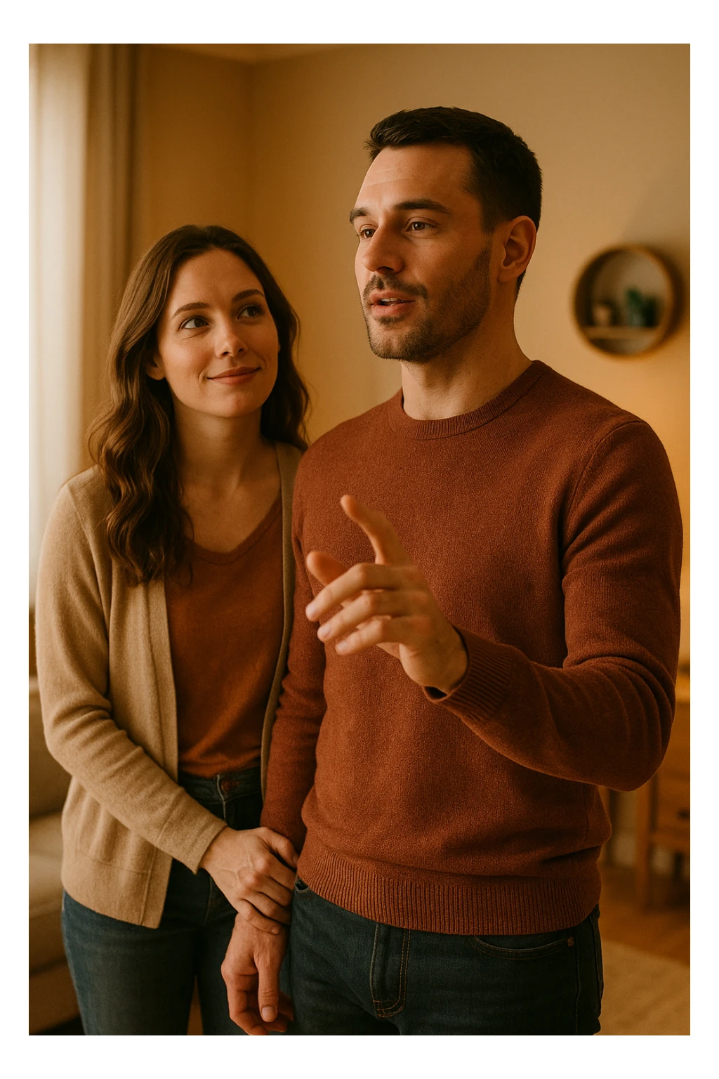 a woman stands slightly behind a man in a domestic setting, looking at him con fiducia e attesa. Il man is upright, with a confident and decisive posture, gently gesturing as if giving direction. The woman’s body language is relaxed and receptive, showing that she trusts and follows his lead. The background is warm and softly lit, emphasizing the couple’s dynamic. sticker