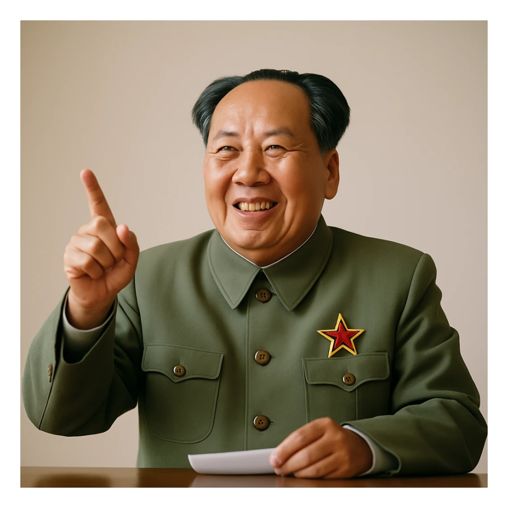 Make Mao Zedong smile, keep photorealistic style, giving a speech, neutral background. sticker