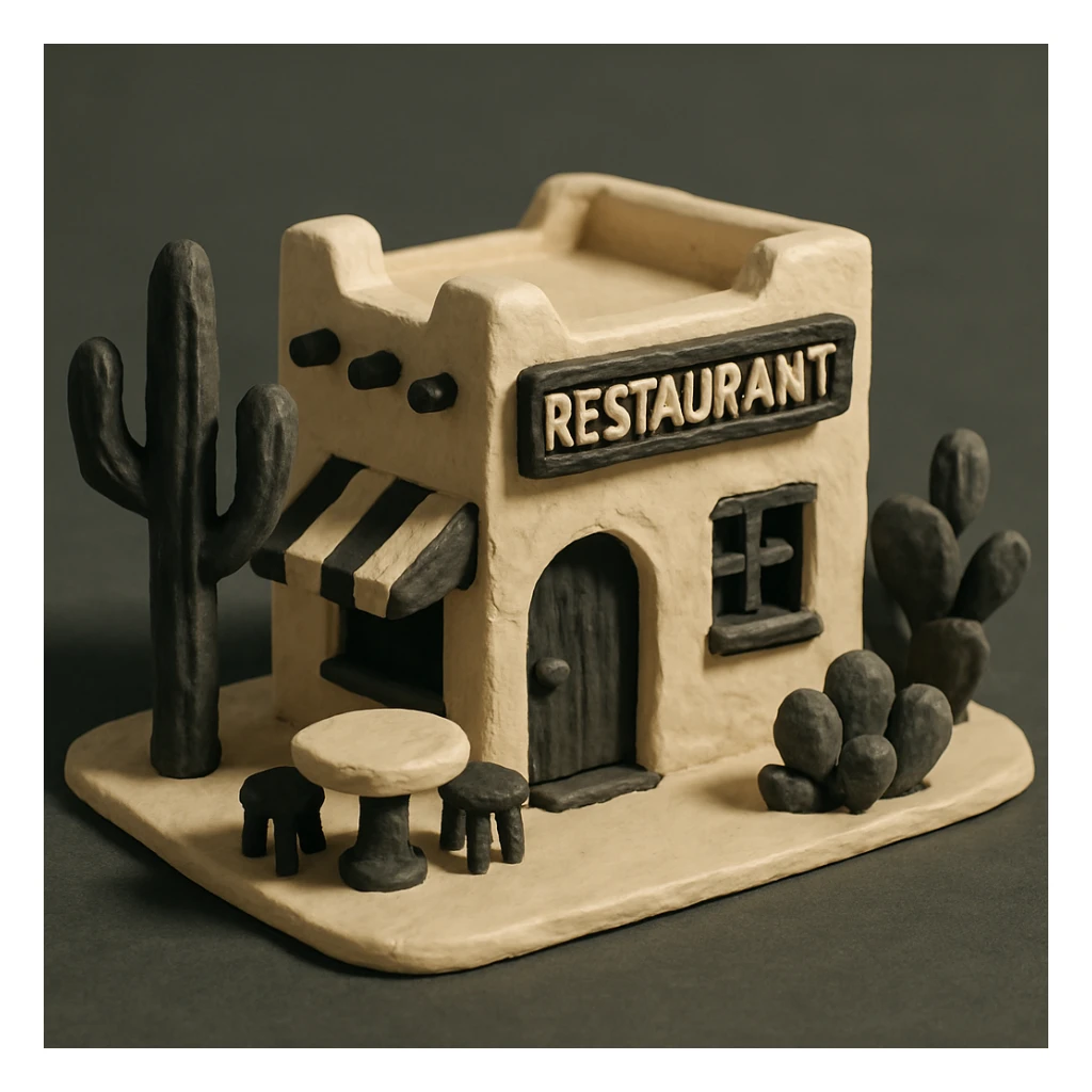 isometric exterior of a small southwestern restaurant, black, beige, and white color palette, 3D realistic, claymation look sticker