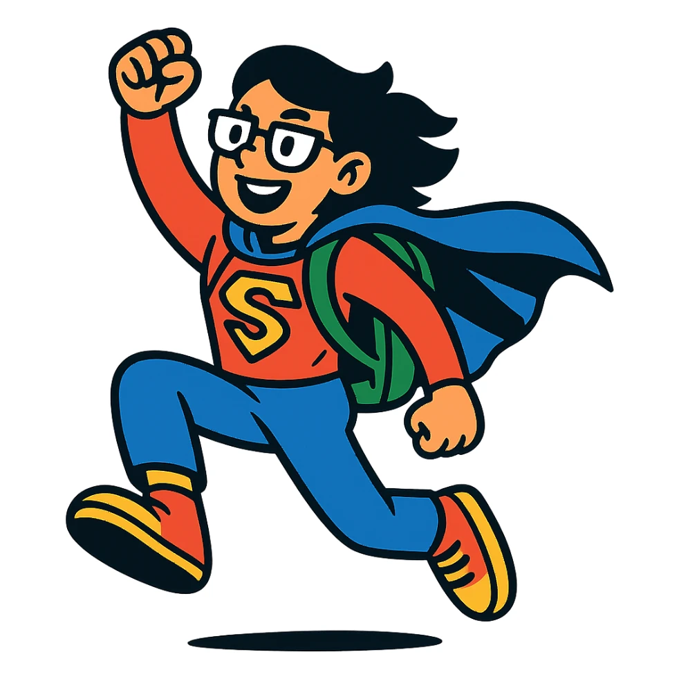 student in superhero costume, dynamic pose sticker