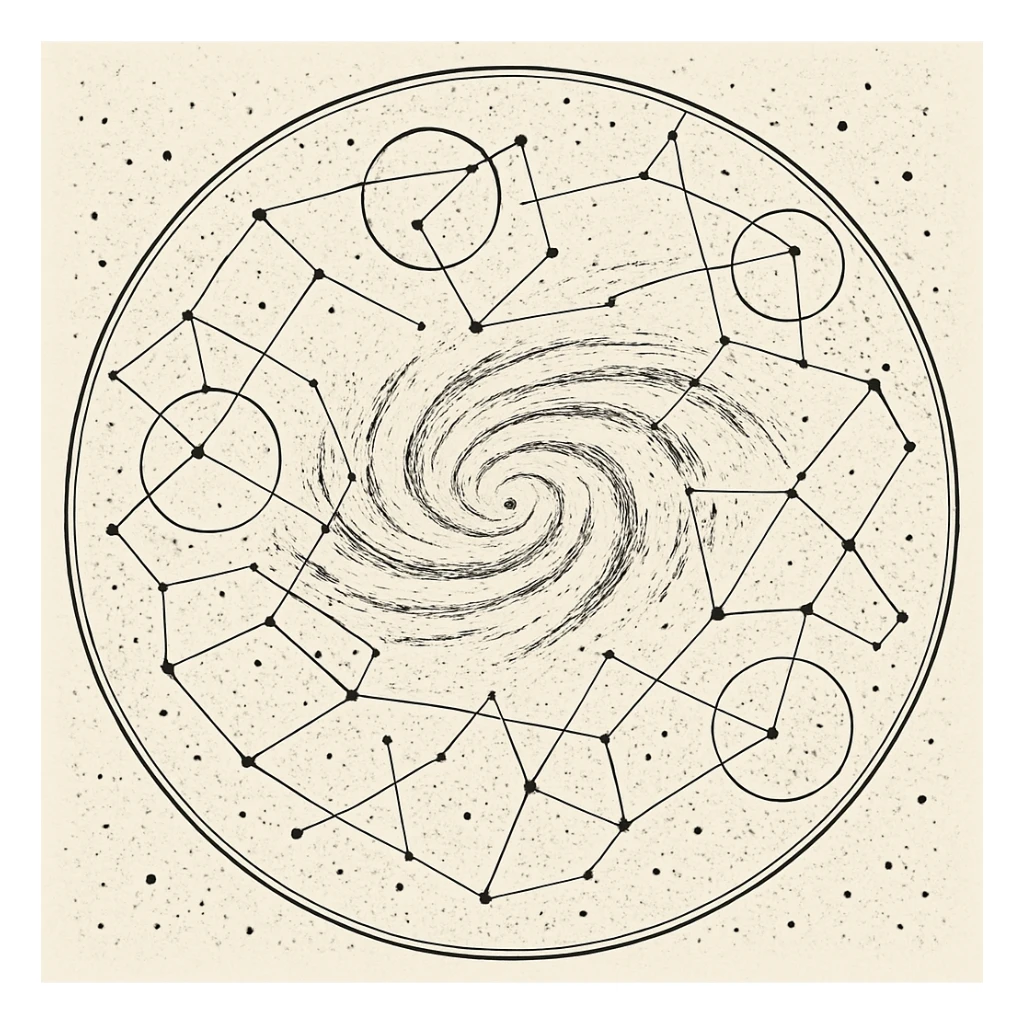a design for an decorative black and white star map, showing linework of galactic spheres and a constellated ley lines. matrix map. black linework. neat and minimal design, showing expanse and hazards deep into space beyond the galactic core

 sticker