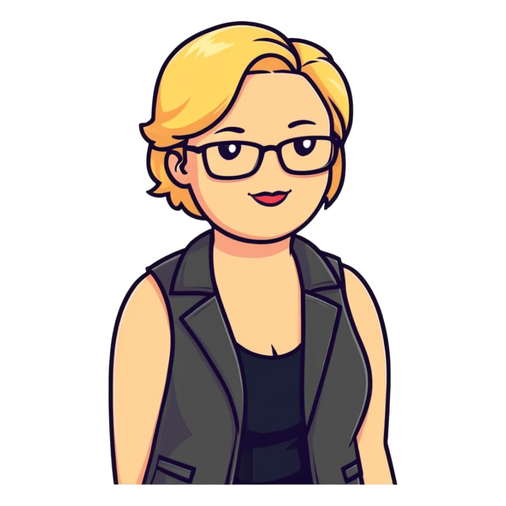 Plus size blonde person with glasses wearing a stylish vest sticker