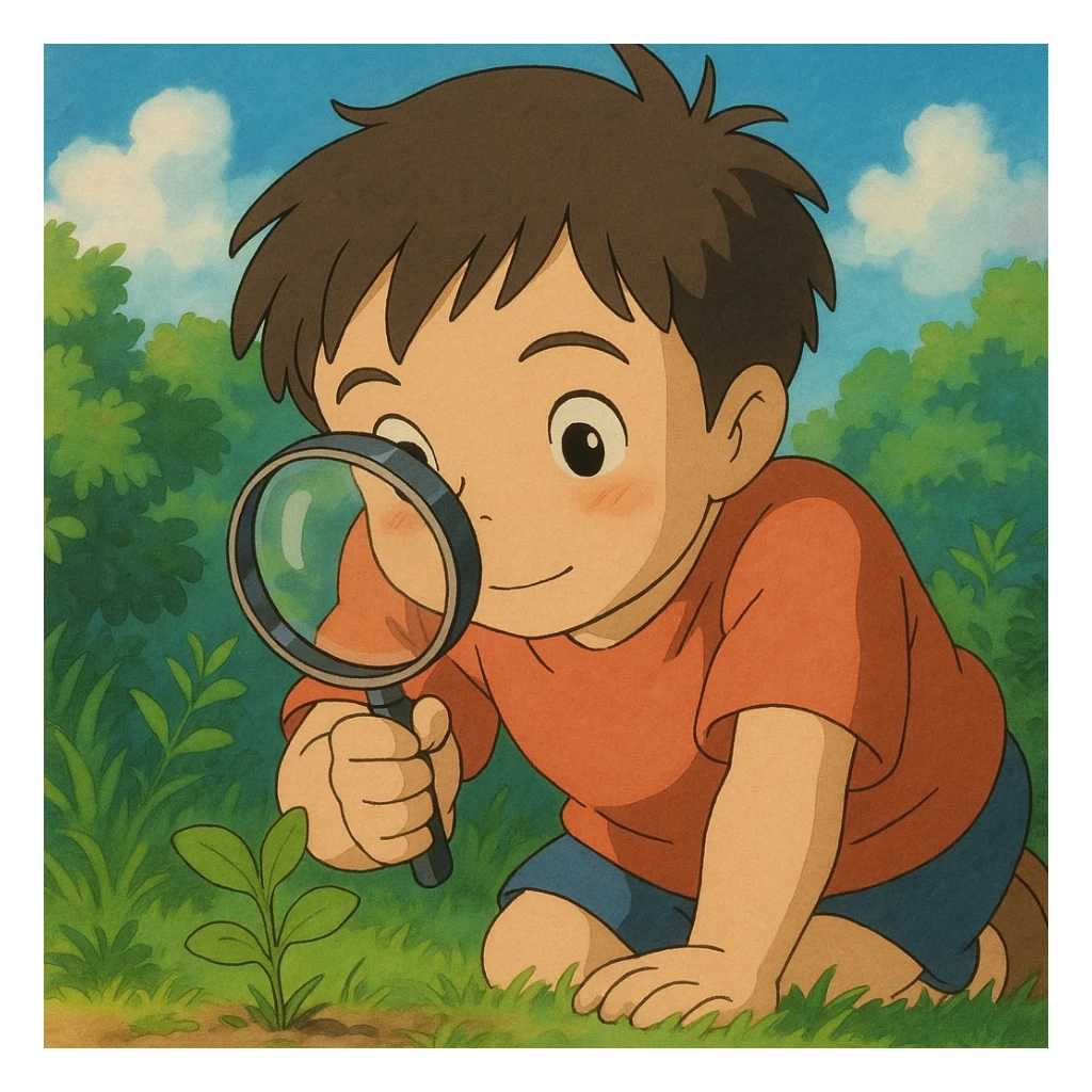 a child examining something with a magnifying glass, ghibli style sticker