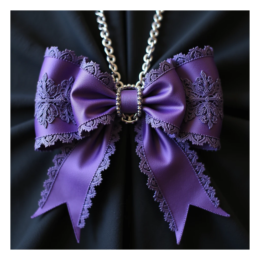 realistic purple gothic bow with lace, dramatic pointed ends, ornate silver chains, transparent background sticker