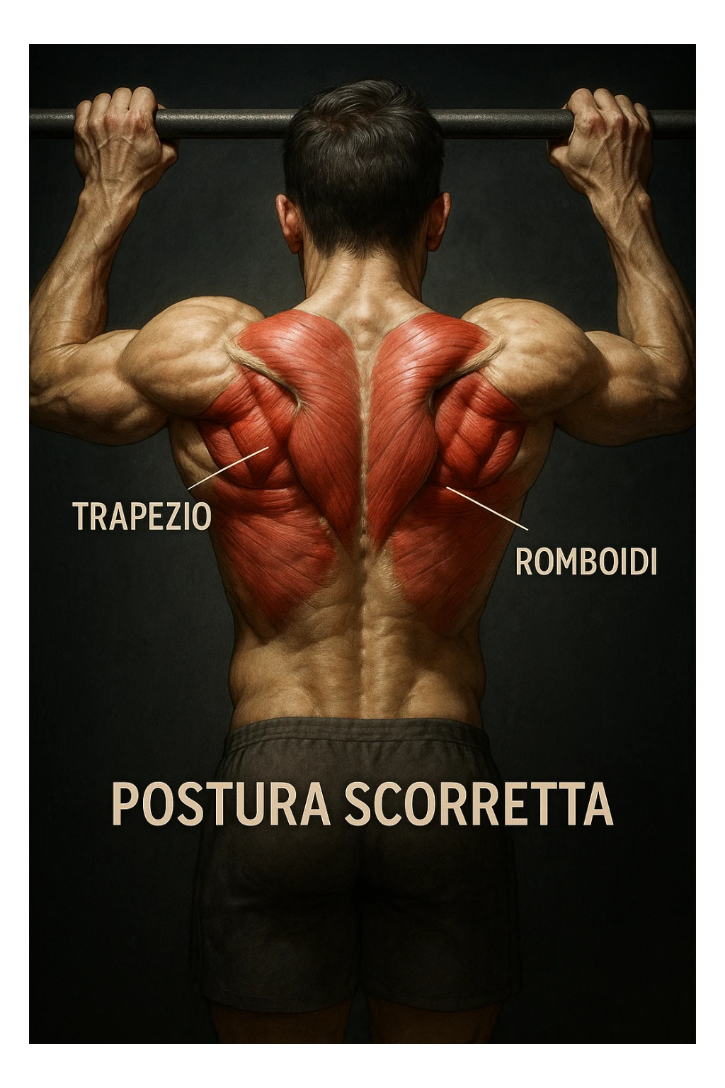 Immagine anatomica realistica e cinematografica di un uomo che fa trazione alla sbarra con attivazione scorretta delle scapole e del dorso, evidenziando i muscoli coinvolti e la postura errata. Luci cliniche drammatiche, didascalie in italiano, formato 2:3. sticker