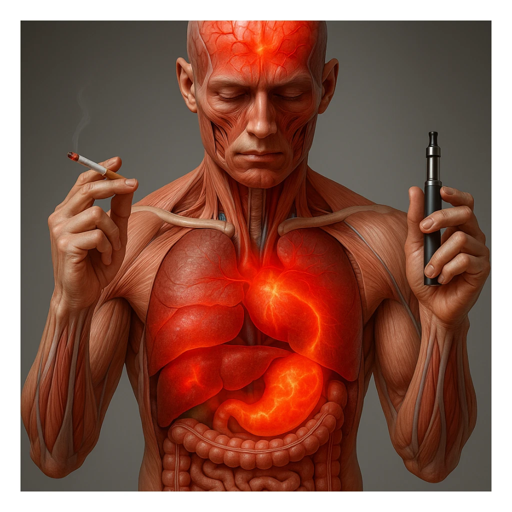 Medical illustration, hyperrealistic 4K, realistic anatomical human body, inflamed liver and intestine highlighted, holding a lit normal cigarette in the right hand and an electronic cigarette in the left hand, clear background, extremely detailed, same lighting and style as the reference image. sticker