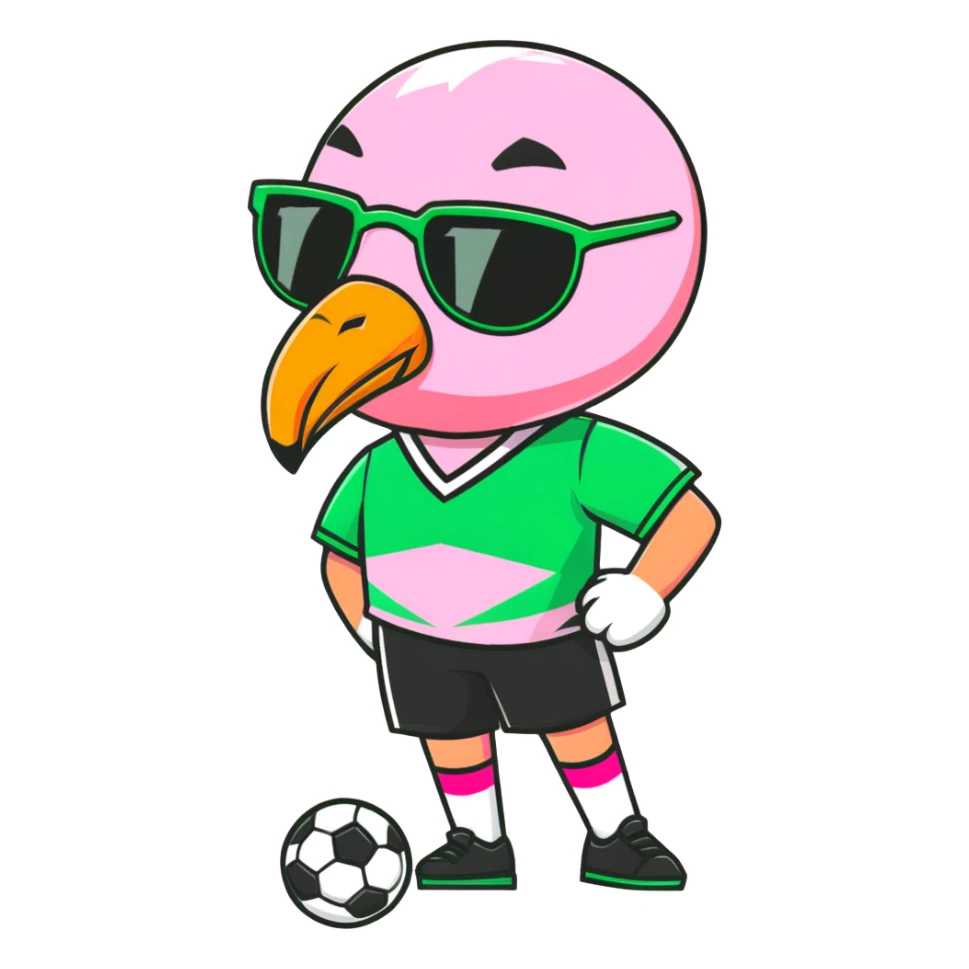 flamingo soccer player wearing sunglasses and a black and green jersey sticker