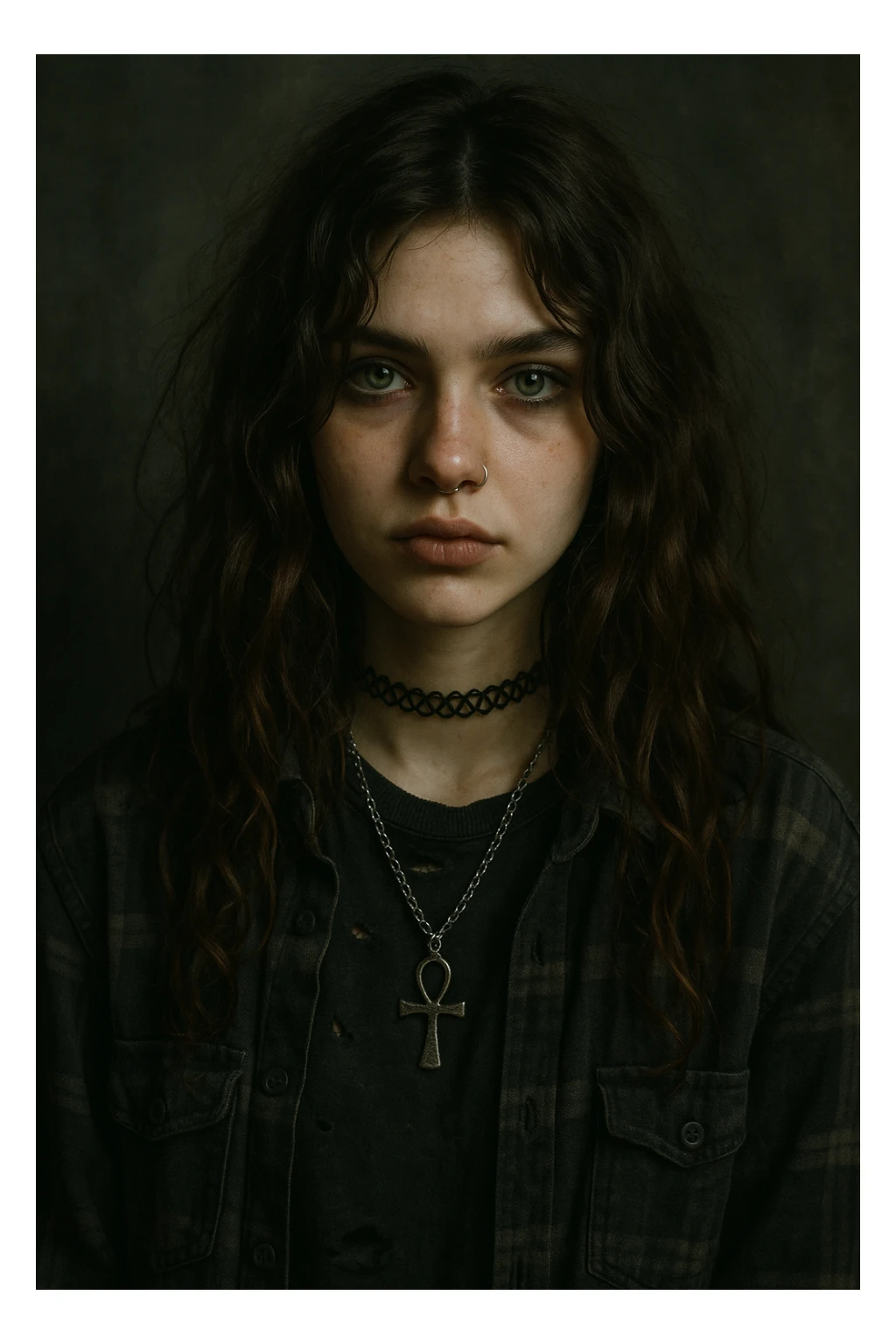 a girl with wavy long brown hair, green eyes, grunge style, semi-realistic style sticker