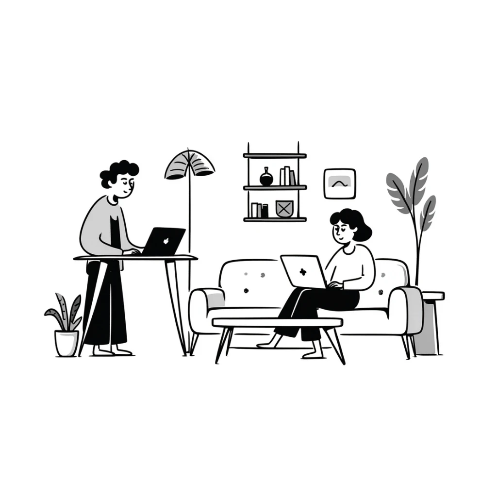 escenary 3d of a cozy mid-century living room with two people working on laptops, one man standing at a desk, and one woman sitting on a couch sticker