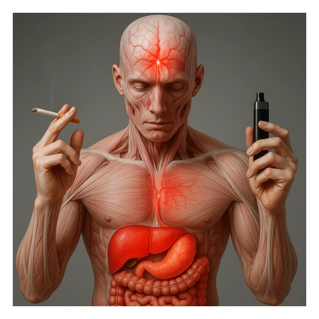 Medical illustration, hyperrealistic 4K, realistic anatomical human body, inflamed liver and intestine highlighted, holding a lit normal cigarette in the right hand and an electronic cigarette in the left hand, clear background, extremely detailed, same lighting and style as the reference image. sticker