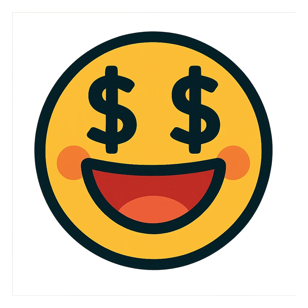 very happy face with dollar signs for eyes sticker