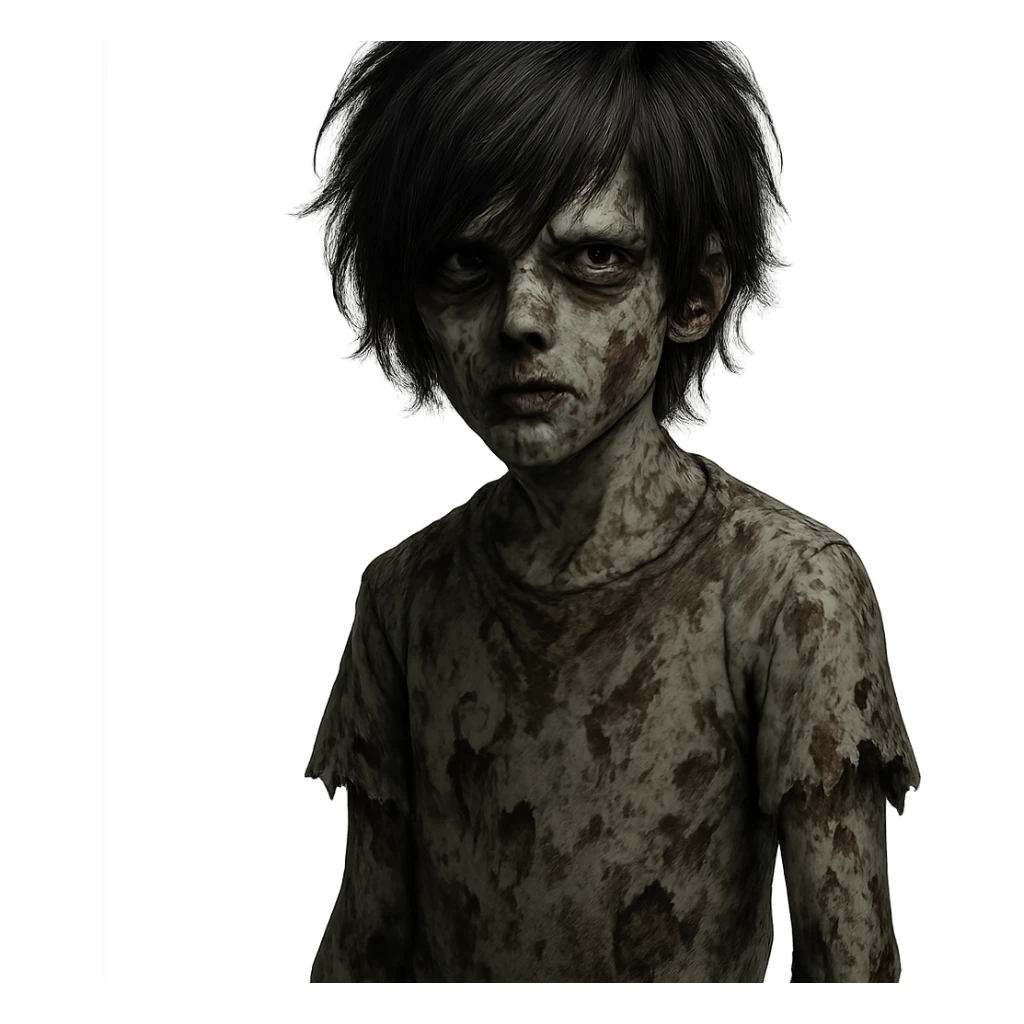 creepy boy zombie, black shaggy emo hair, medium long, dark and haunting expression sticker