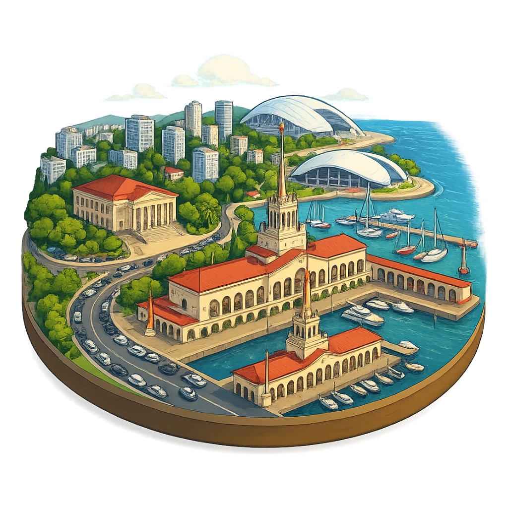 Изометричная, яркая, детализированная и фотореалистичная иллюстрация панорамы города Cочи на круглой подставке в стиле 3D-коллажей городов, здание Морского Порта, Зимний театр, стадион Фишт, море чёткие линии, слегка мультяшная стилистика, прозрачный фон, не обрезать края картинки sticker