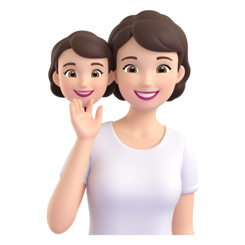 memoji-style lady with short dark brown hair, big smile sticker