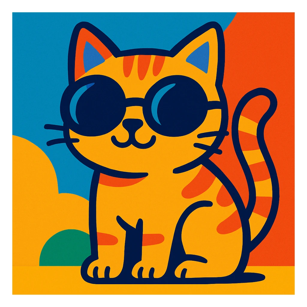 a cute cat with round sunglasses, simple and bold, vibrant toon style sticker