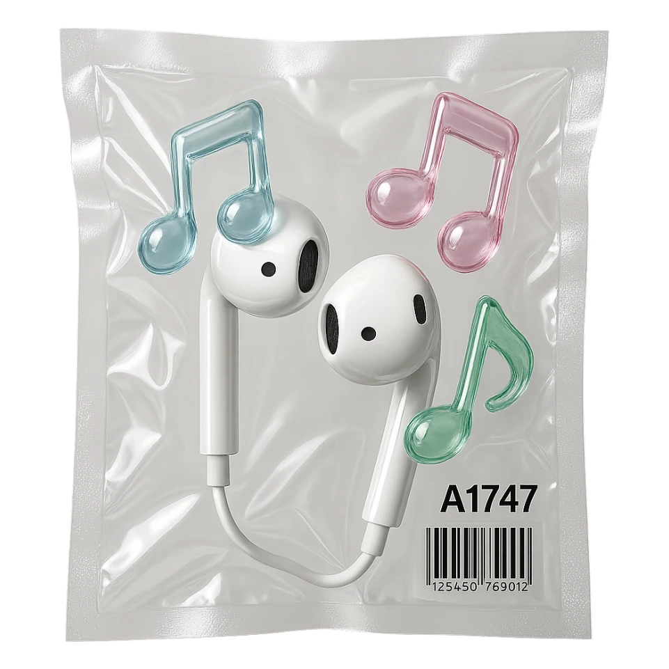 pair of white EarPods with three floating glass music notes in pastel blue, pink, and mint, glossy and inflated sticker