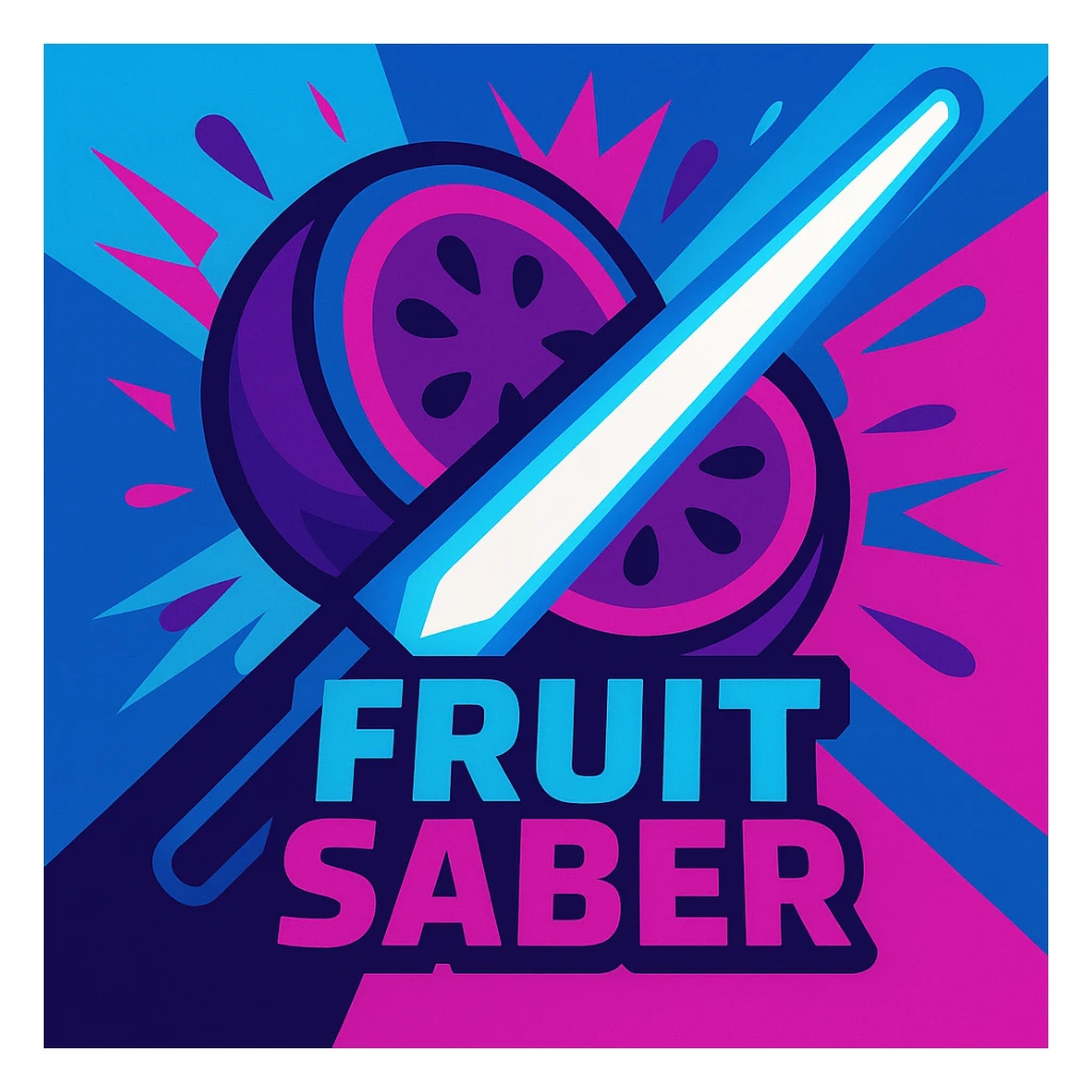 Update the logo for Fruit Saber to use blue and magenta as the theme colors, keeping the vibrant, energetic style. The image should depict a stylized fruit being sliced by a glowing saber with a dynamic composition and a modern gaming aesthetic. sticker