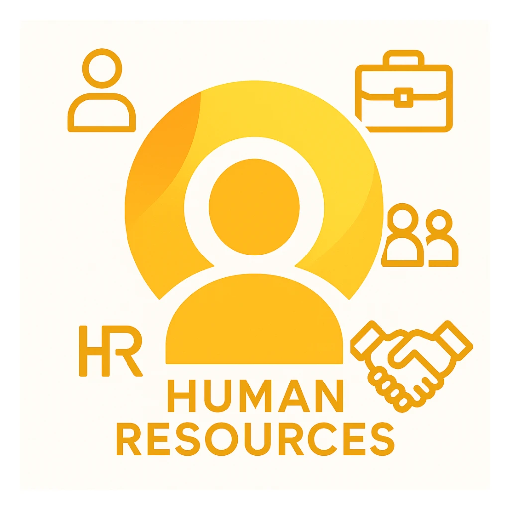 Create a minimalistic, abstract logo design with a dominant orange-yellow color palette. Place the Volio logo from the reference image at the center as the main visual element. Integrate modern, symbolic icons representing Human Resources, such as a person, a group of people, a handshake, or a briefcase, in a clean and balanced layout. The design should be futuristic, tech-style, and high contrast against a white background. Keep the overall composition simple, professional, and visually striking. sticker