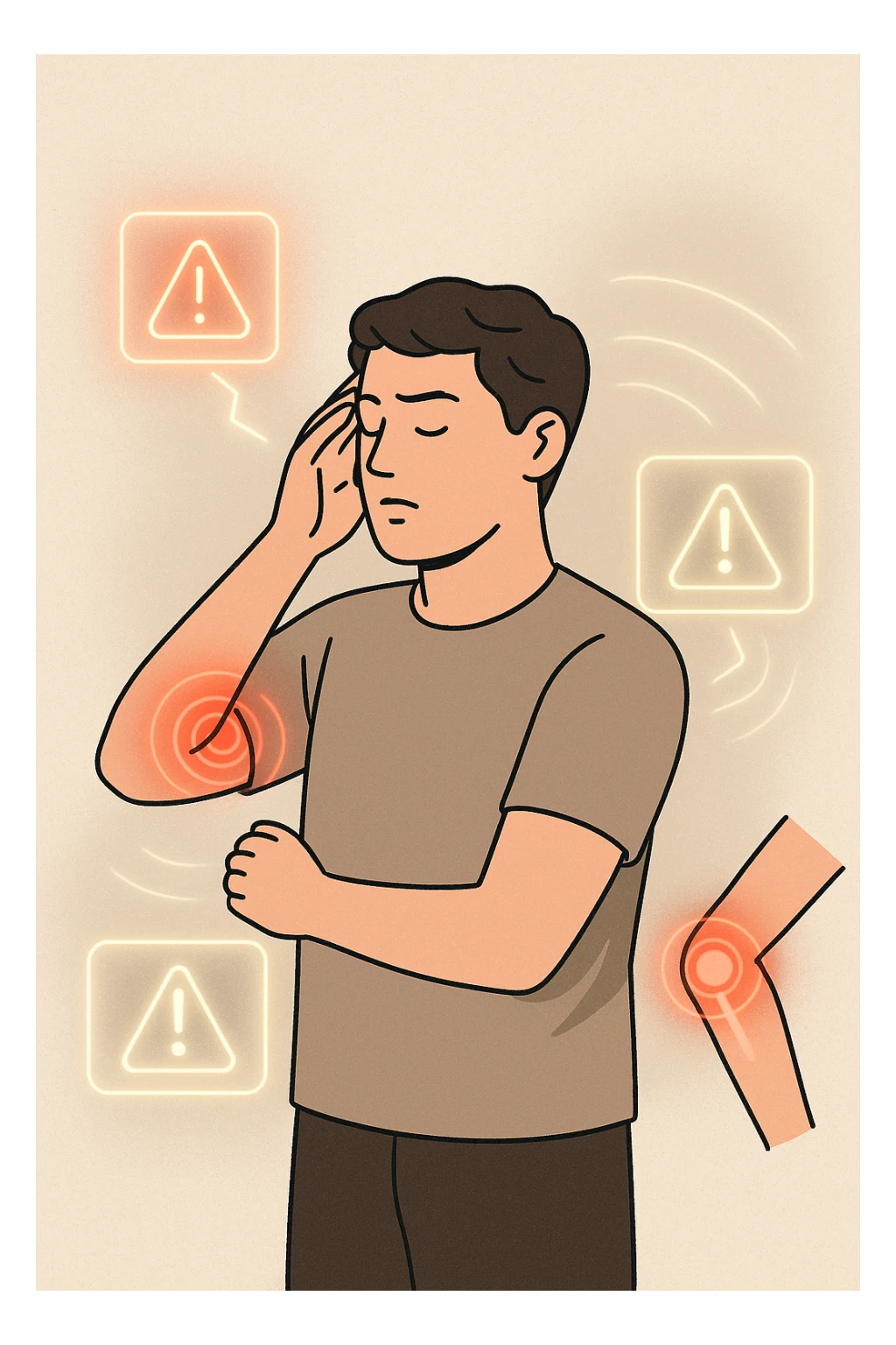 uomo che ignora i suoi un mal di testa, mal di schiena e dolore articolare e ignora ogni segnale e messaggio che il corpo manda per avvertirlo sticker