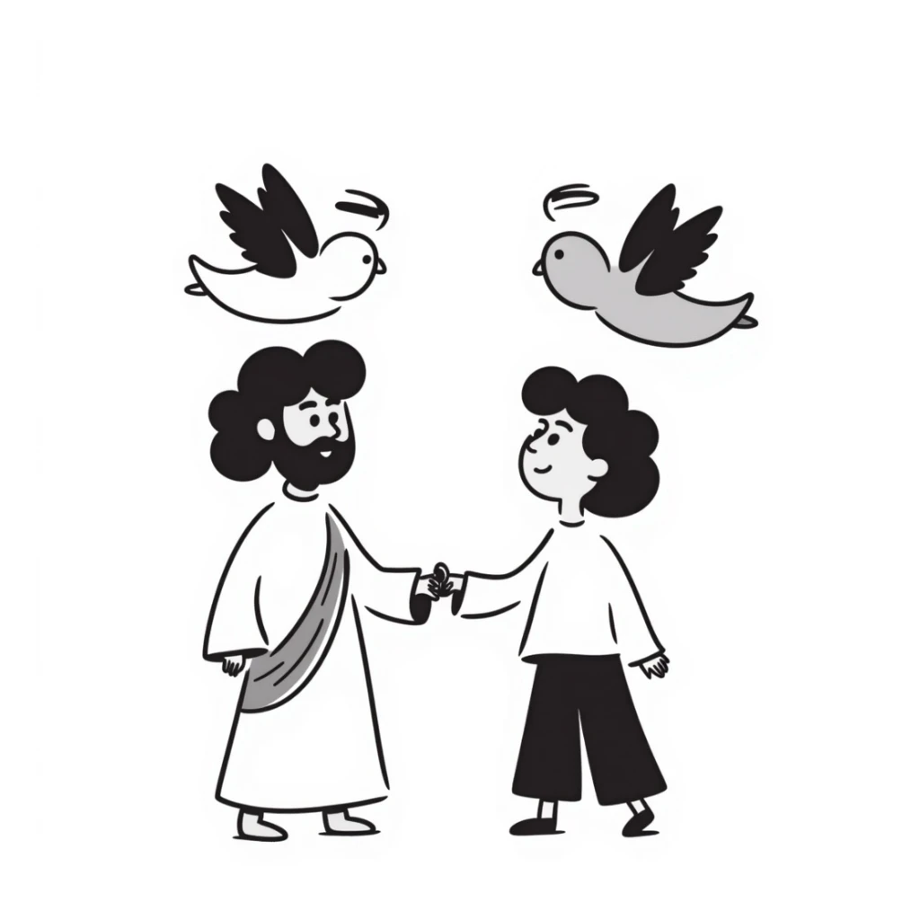 hand drawn cutesy tiny Jesus and a person, with an angel nearby sticker