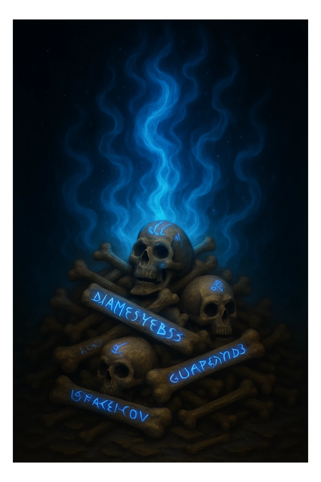 Change the mystical energy to blue, keep the pile of bones with magic runes and the fantasy style. Maintain the magical and enchanted atmosphere with blue mystical energy glowing around the bones. sticker