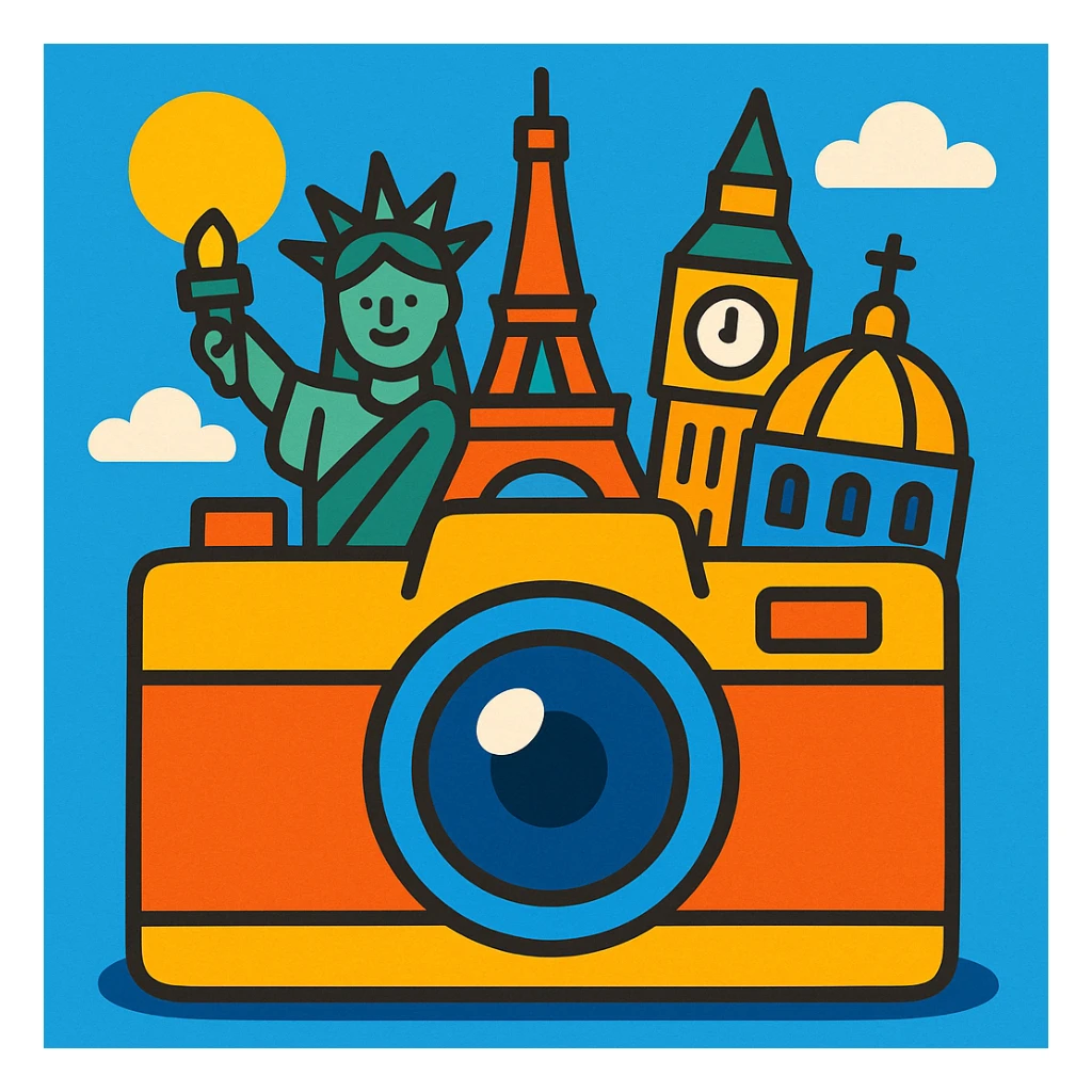 a camera with world landmarks in a playful style sticker