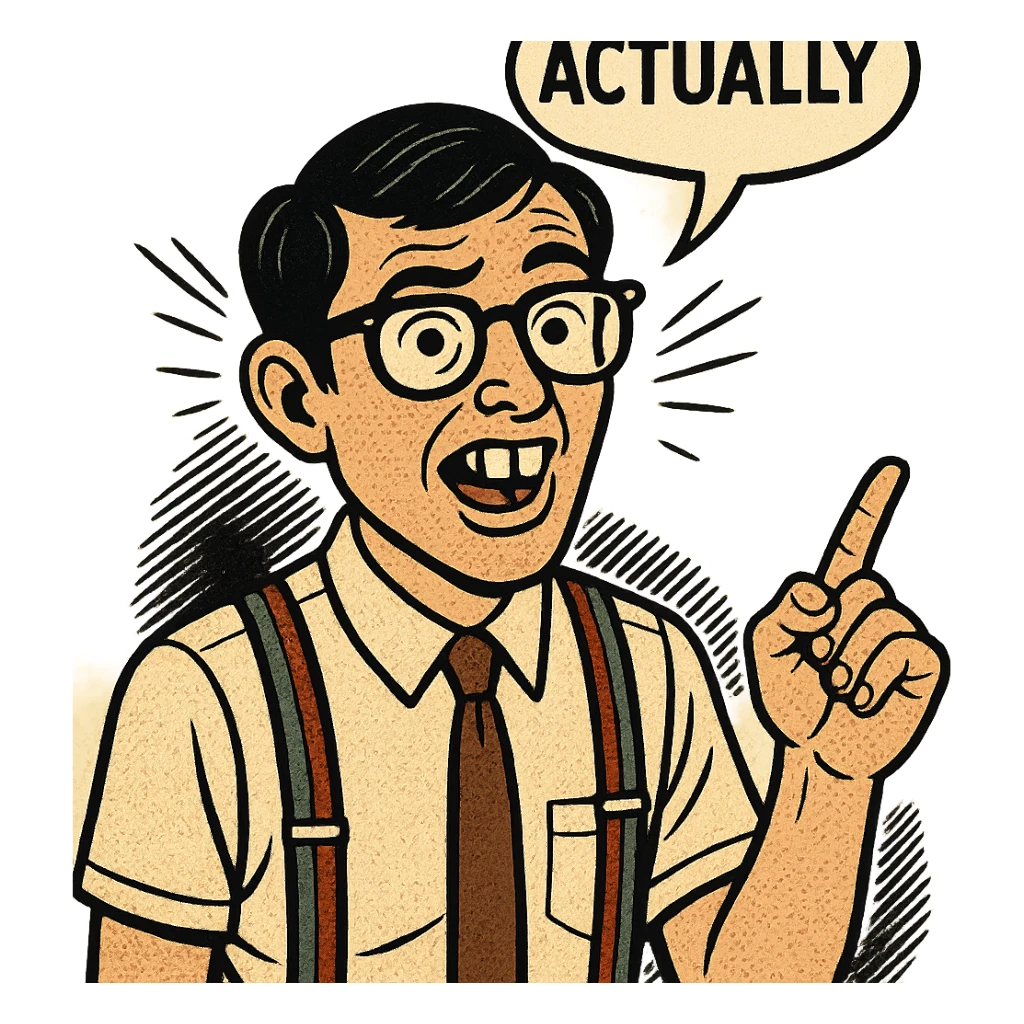 a nerdy person with buck teeth, glasses, and suspenders saying 'actually', comic style sticker