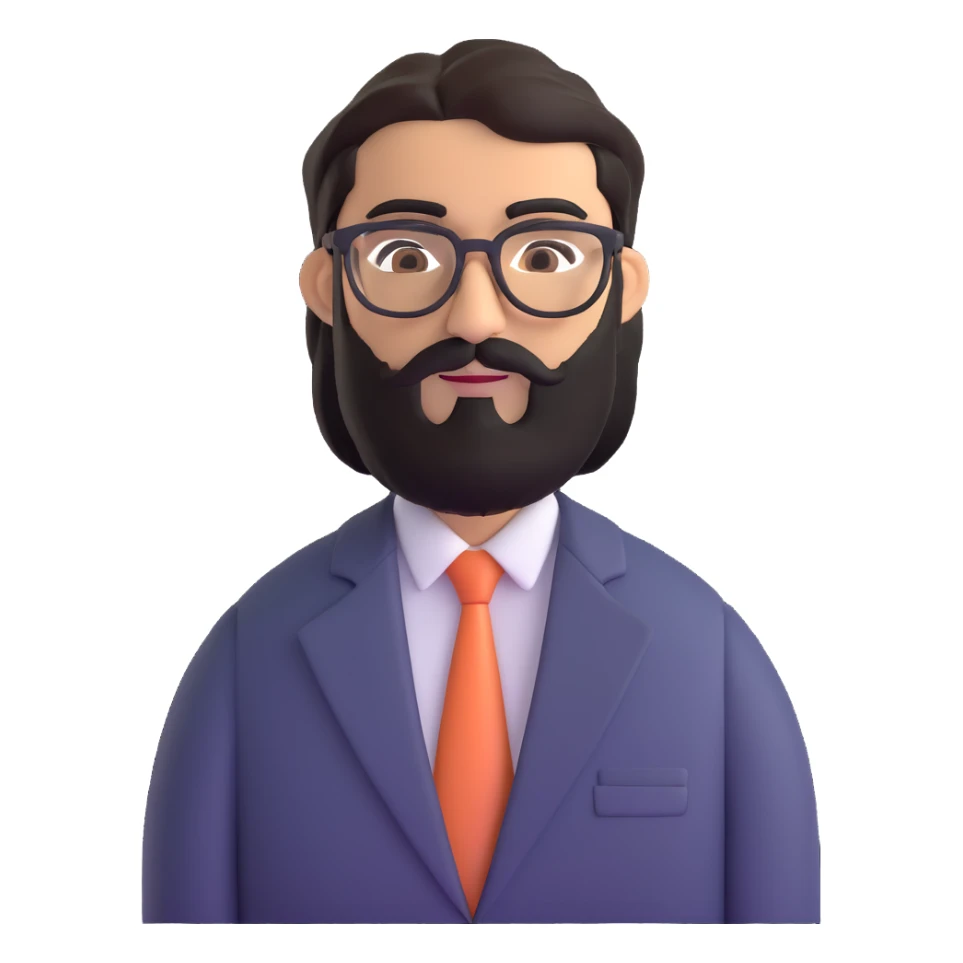 professional middle eastern businessman with medium length black beard, black hair, thick unibrow, elongated aquiline nose, tan skin, brown eyes, glasses, wearing a formal suit sticker